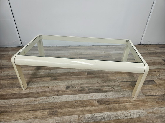 Image 1 of Table basse en bois laqué blanc avec plateau en verre,