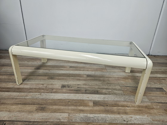 Image 1 of Table basse en bois laqué blanc avec plateau en verre,