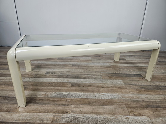 Image 1 of Table basse en bois laqué blanc avec plateau en verre,