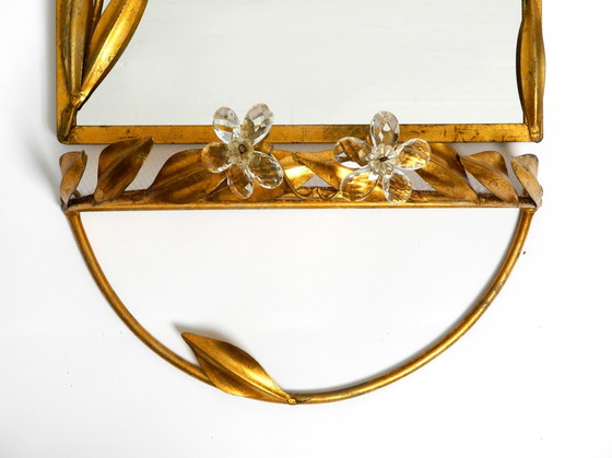 Image 1 of Magnifique ensemble de miroir mural en fer fleuri et étagère assortie plaqué or par Banci Firenze Italie