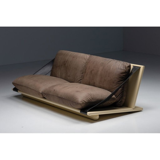 Canapé deux places en laque et cuir, Mid Century, 1970