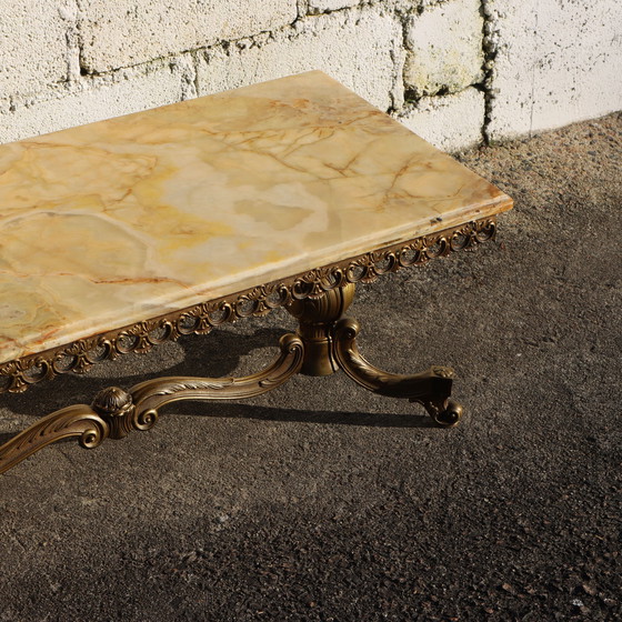 Image 1 of Table à café rectangulaire en onyx, marbre et laiton - Table à cocktail - Table de salon - Style rococo 60S