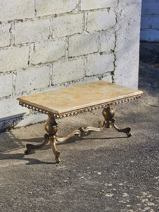 Image 1 of Table à café rectangulaire en onyx, marbre et laiton - Table à cocktail - Table de salon - Style rococo 60S