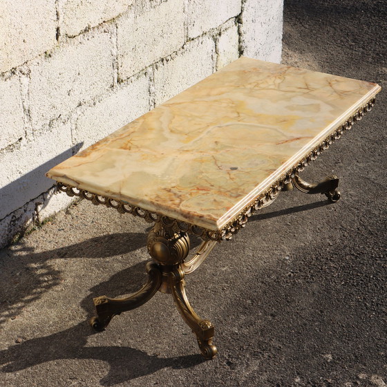 Image 1 of Table à café rectangulaire en onyx, marbre et laiton - Table à cocktail - Table de salon - Style rococo 60S