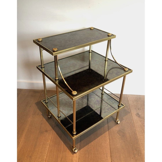 Image 1 of Chariot vintage en laiton et miroir avec 3 étagères de Maison Jansen, années 1940