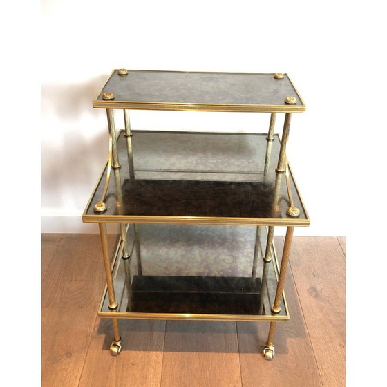 Image 1 of Chariot vintage en laiton et miroir avec 3 étagères de Maison Jansen, années 1940