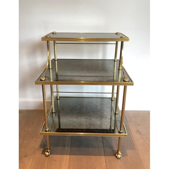 Image 1 of Chariot vintage en laiton et miroir avec 3 étagères de Maison Jansen, années 1940