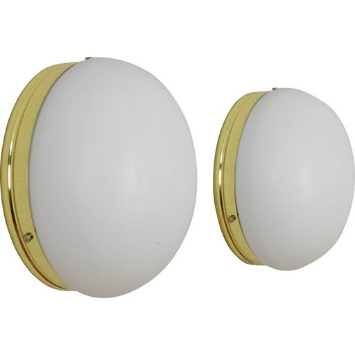 Paire d'appliques vintage en laiton métalarte et verre opalin, Espagne 1970