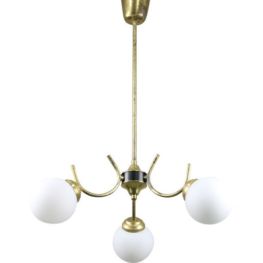 Lustre italien en laiton et verre opalin du Mid Century