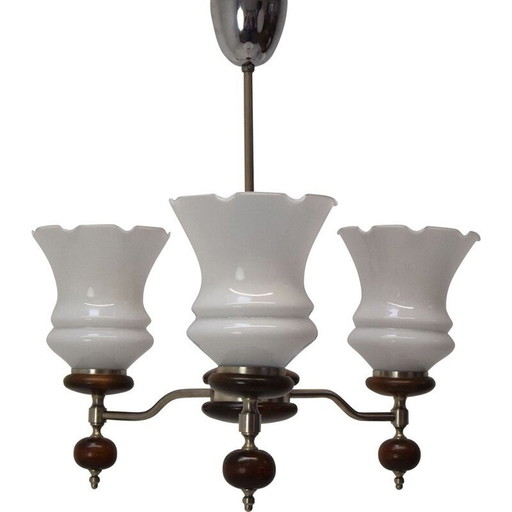 Lustre vintage en bois et verre, Tchécoslovaquie 1960