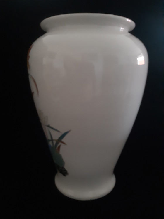 Image 1 of Vase italien Décor Exclusiv, martin-pêcheur en décoration florale, 20 cm, rare édition blanche.