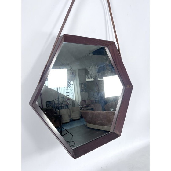 Image 1 of Miroir mural hexagonal en bois, Italie 1950s