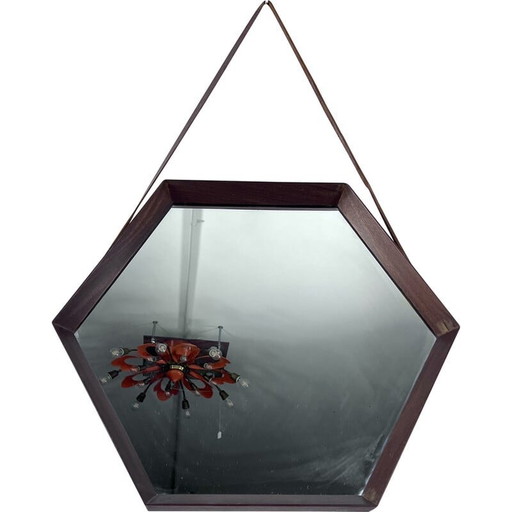 Miroir mural hexagonal en bois, Italie 1950s