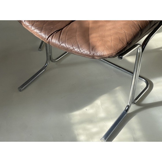 Image 1 of Ensemble de 4 chaises vintage en cuir brun chocolat et chrome par Tim Bates pour Pieff, 1970