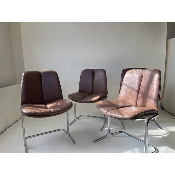 Image 1 of Ensemble de 4 chaises vintage en cuir brun chocolat et chrome par Tim Bates pour Pieff, 1970