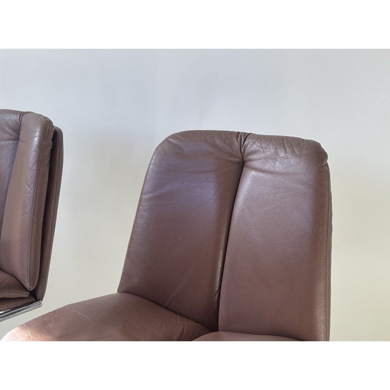 Image 1 of Ensemble de 4 chaises vintage en cuir brun chocolat et chrome par Tim Bates pour Pieff, 1970