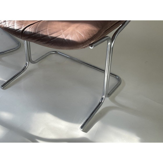 Image 1 of Ensemble de 4 chaises vintage en cuir brun chocolat et chrome par Tim Bates pour Pieff, 1970
