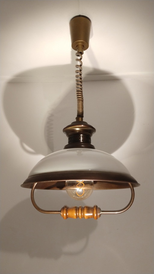 Lampe suspendue vintage / Lampe de bateau en cuivre, verre et bois