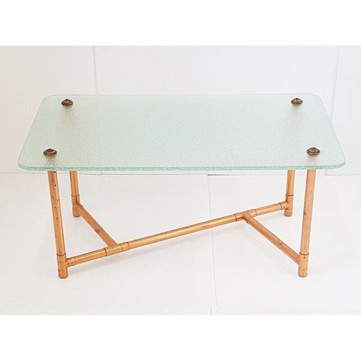 Table basse vintage en cuivre et verre, 1950