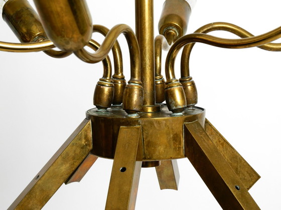 Image 1 of Magnifique grand lustre en laiton des années 1950 avec verres de Murano blancs et transparents par Franco Luce | Made in Italy