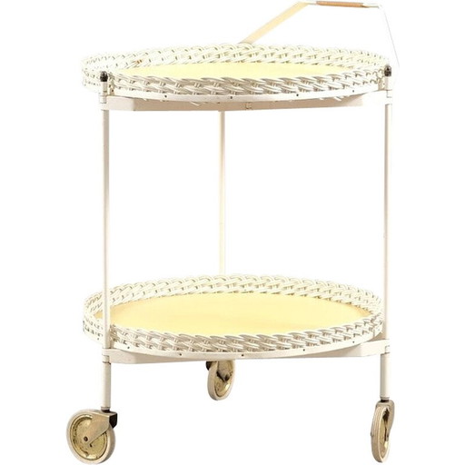 Chariot à thé vintage en rotin et métal blanc, Allemagne 1960