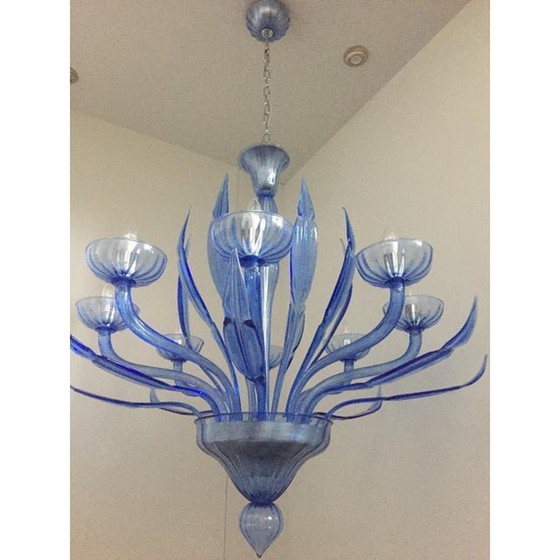 Image 1 of Murano Glass Bluino Italian Leaves Chandelier In Style Murano Glass