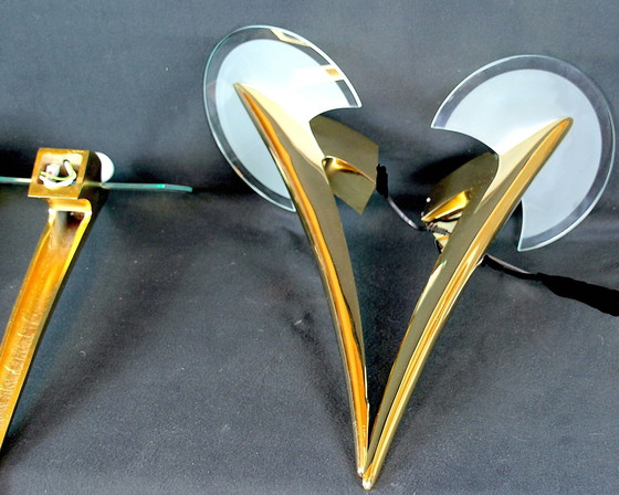 Image 1 of Taller Uno Metalarte Par Joan Auger, Grande Paire D'Appliques Métal Doré Et Verre 