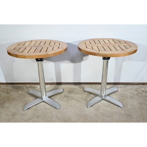 Paire de tables de bistro vintage en frêne et en fonte d'aluminium par Roland Vlaemynck