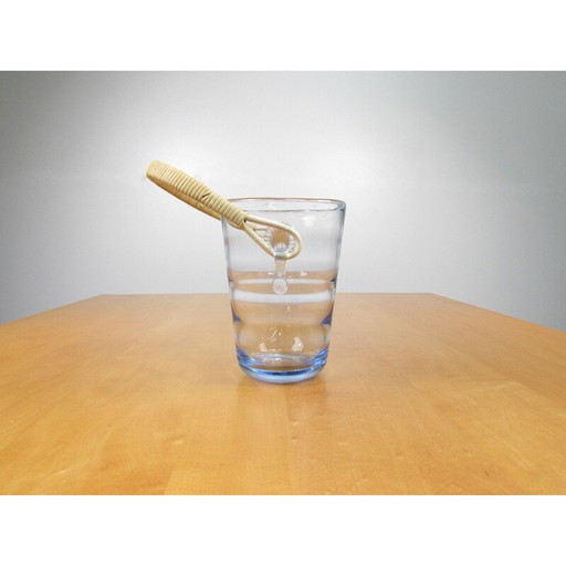 Seau à glace vintage en verre ondulé et rotin par Per Lütken pour Holmgaard, Danemark années 1960
