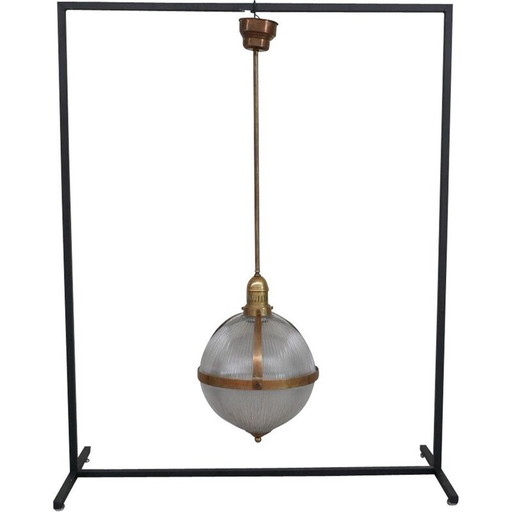 Lampe suspendue vintage en laiton et verre de style holophane, France 1970