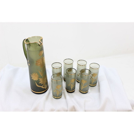 Ensemble de 7 verres et pichet vintage de Bohemia Glass, Tchécoslovaquie 1970