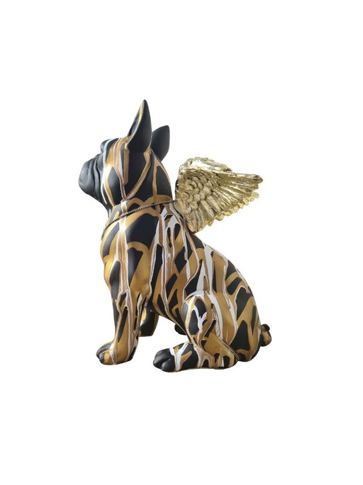 Statue De Chien Bouledogue Avec Ailes, En Résine Noire Dorées Et Blanches.