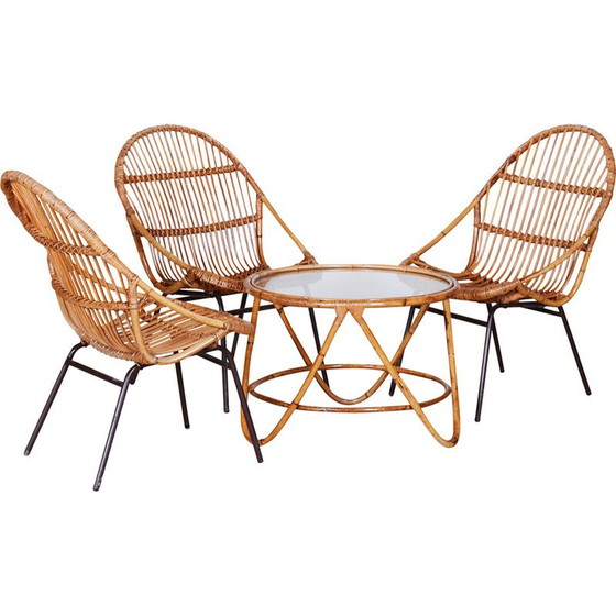 Image 1 of Ensemble de 3 fauteuils en rotin Art déco vintage par Alna Fuchs, 1940