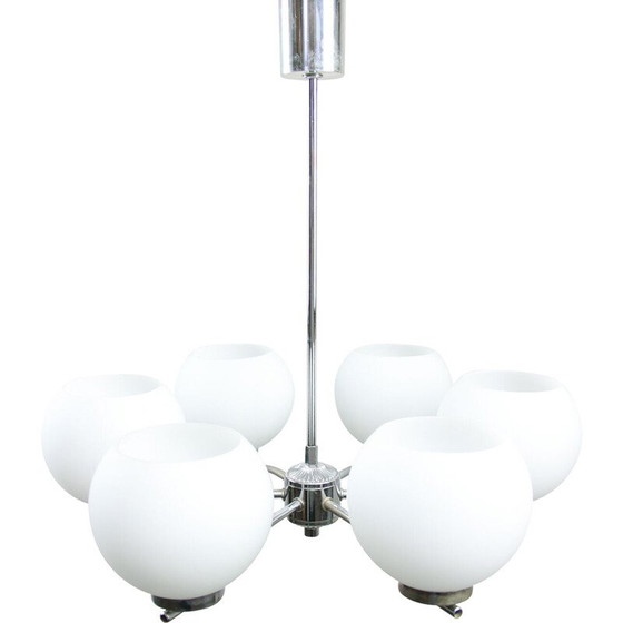 Image 1 of Lustre vintage en acier chromé et verre opalin, Italie 1970