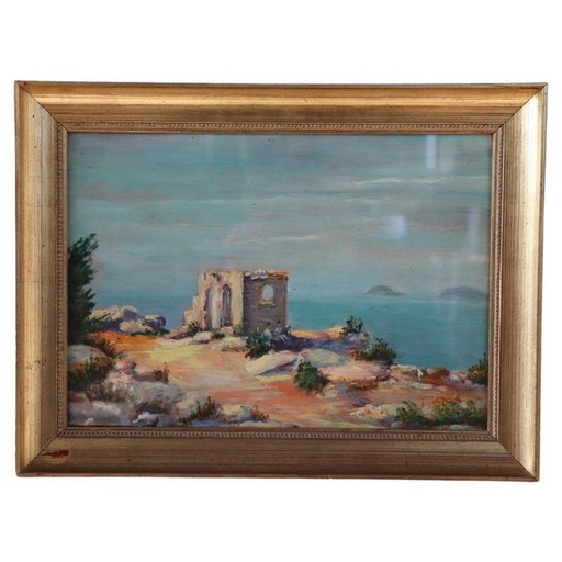 Paysage italien de falaise sur la mer, peinture à l'huile sur carton, 20e siècle