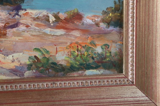 Image 1 of Paysage italien de falaise sur la mer, peinture à l'huile sur carton, 20e siècle
