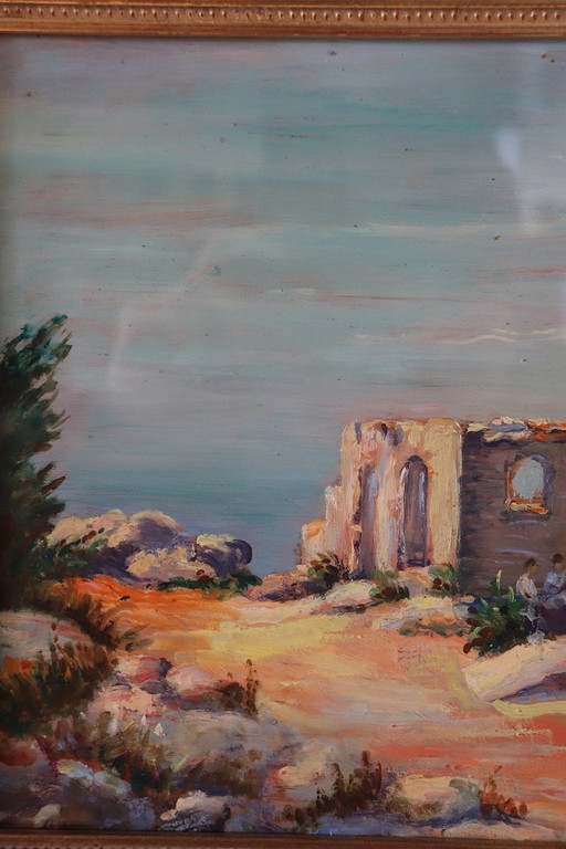 Paysage italien de falaise sur la mer, peinture à l'huile sur carton, 20e siècle