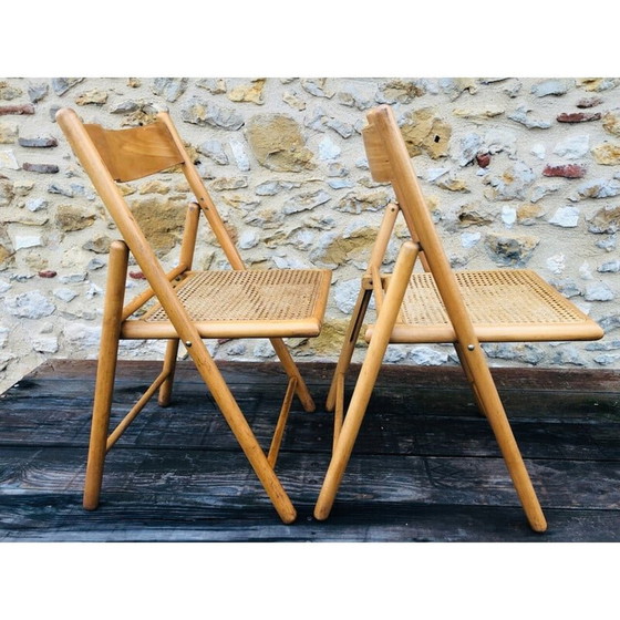 Image 1 of Paire de chaises pliantes en bois courbé et rotin pour Habitat, 1970-1980