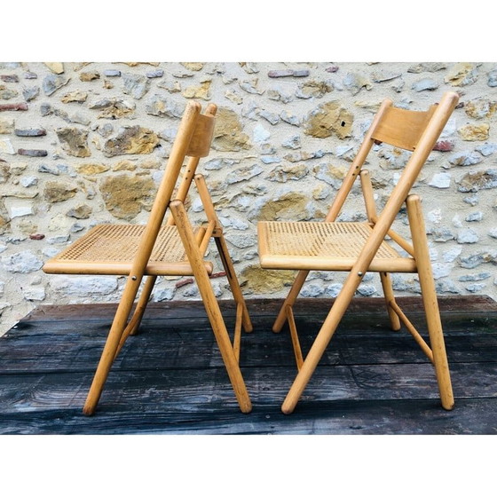 Image 1 of Paire de chaises pliantes en bois courbé et rotin pour Habitat, 1970-1980