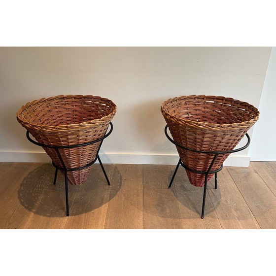 Image 1 of Ensemble de 3 jardinières vintage en métal laqué noir et rotin, 1950