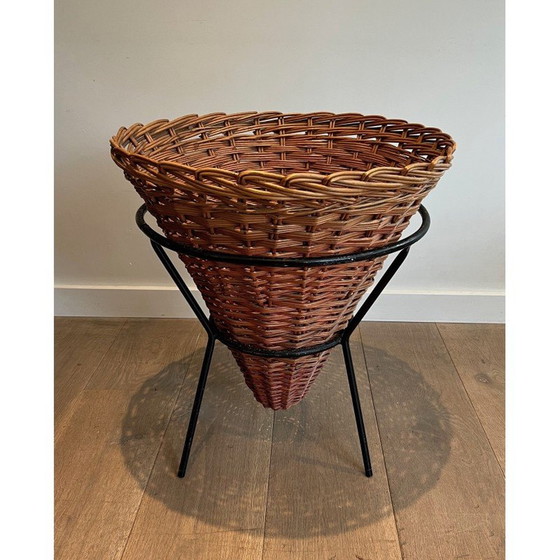 Image 1 of Ensemble de 3 jardinières vintage en métal laqué noir et rotin, 1950