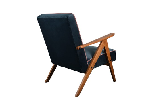 Image 1 of Chaise Compas Restaurée, Tissu Jaune Canari, Fil Rose, Teck, 1960