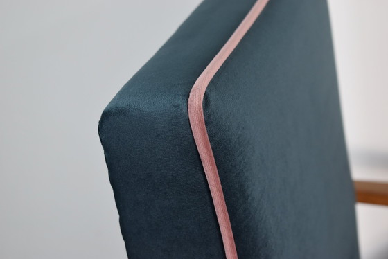 Image 1 of Chaise Compas Restaurée, Tissu Jaune Canari, Fil Rose, Teck, 1960