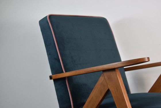 Image 1 of Chaise Compas Restaurée, Tissu Jaune Canari, Fil Rose, Teck, 1960