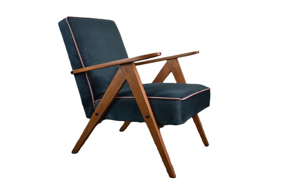 Image 1 of Chaise Compas Restaurée, Tissu Jaune Canari, Fil Rose, Teck, 1960