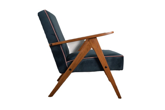 Image 1 of Chaise Compas Restaurée, Tissu Jaune Canari, Fil Rose, Teck, 1960