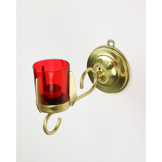 Image 1 of Bougeoir mural vintage en laiton et verre