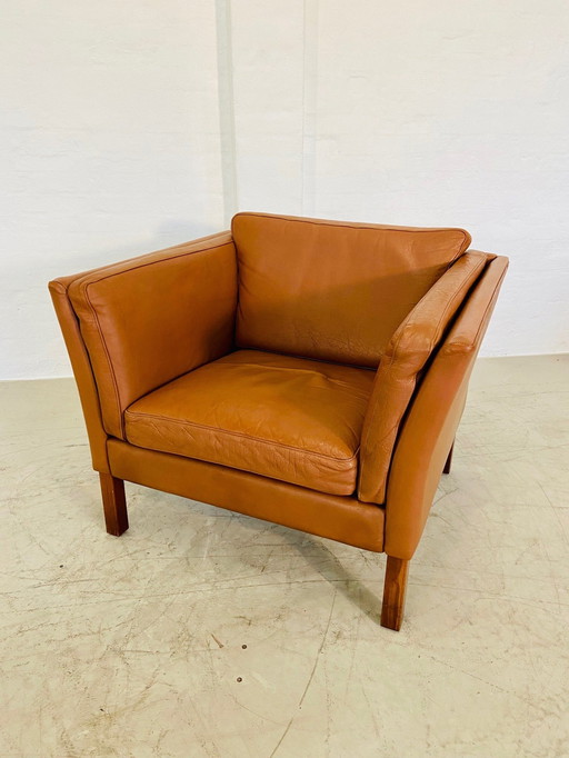 Mid Century Vintage Scandinavian Leather Lounge Chair In Cognac Leather