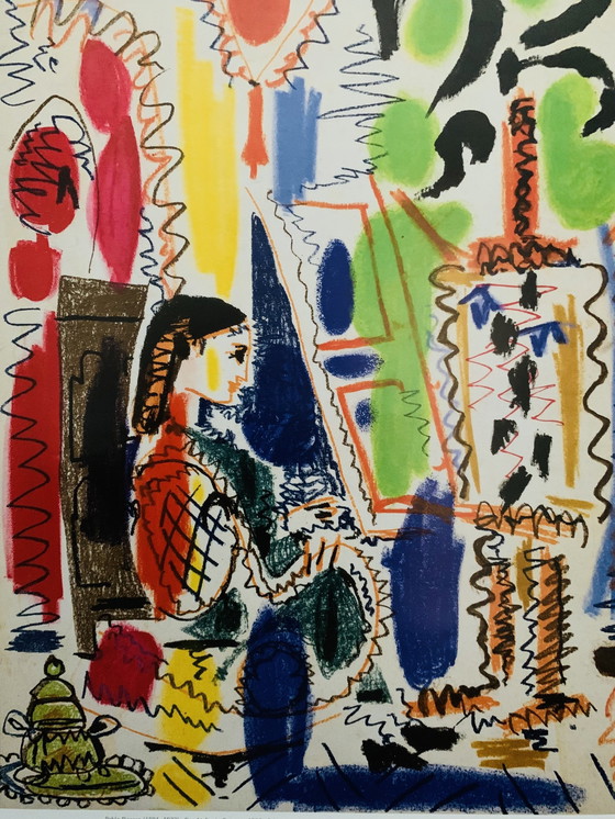 Image 1 of Pablo Picasso, "L'atelier de Cannes, 1956". Avec cadre. Lithographie offset. Réalisée sur du papier de qualité supérieure.