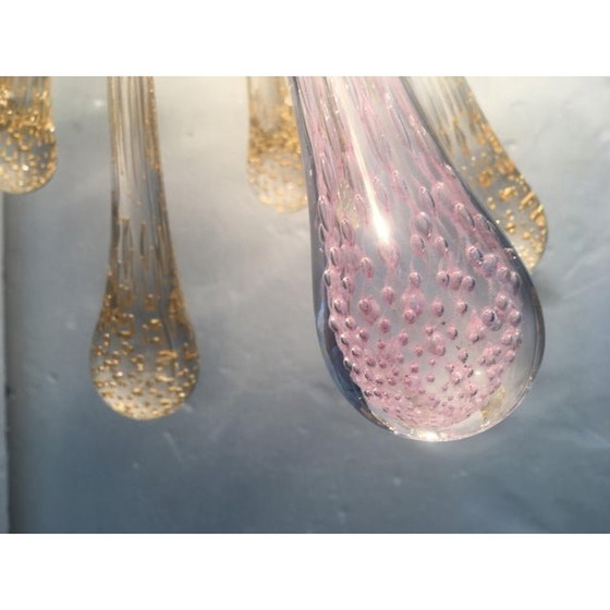 Image 1 of Lustre Spoutnik en verre de Murano, or et rose avec gouttes d'air